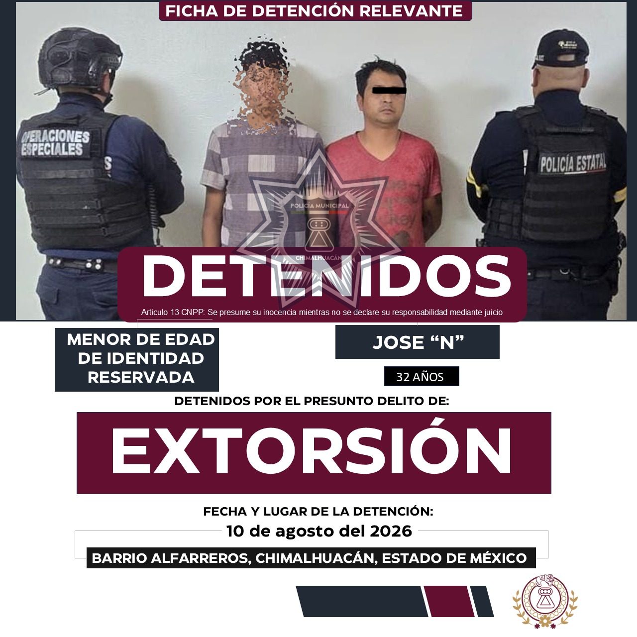 Policías de Chimalhuacán detienen a dos presuntos extorsionadores